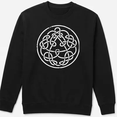 Intricate Celtic knot design in white line art on a — printed on a unisex sweatshirt