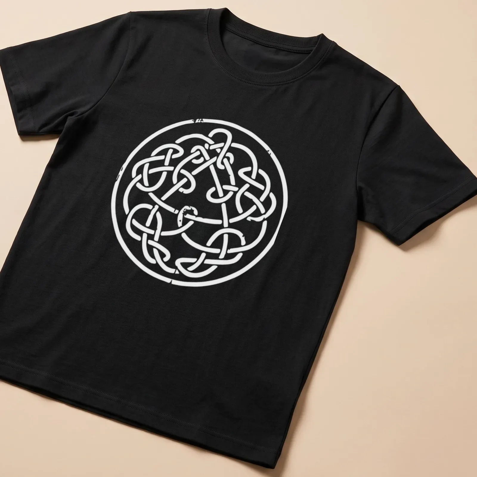 Intricate Celtic knot design in white line art on a — printed on a unisex t-shirt