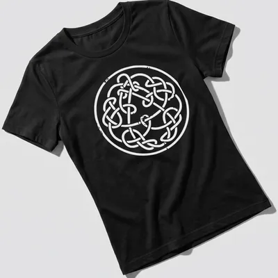Intricate Celtic knot design in white line art on a — printed on a women's shirt