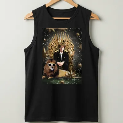 Realistic print of King Lewis Capaldi on a throne with a lion. — printed on a tank top