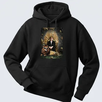 Realistic print of King Lewis Capaldi on a throne with a lion. — printed on a unisex hoodie