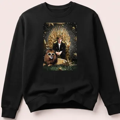 Realistic print of King Lewis Capaldi on a throne with a lion. — printed on a unisex sweatshirt