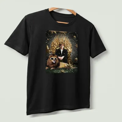 Realistic print of King Lewis Capaldi on a throne with a lion. — printed on a unisex t-shirt (angled view)