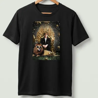 Realistic print of King Lewis Capaldi on a throne with a lion.