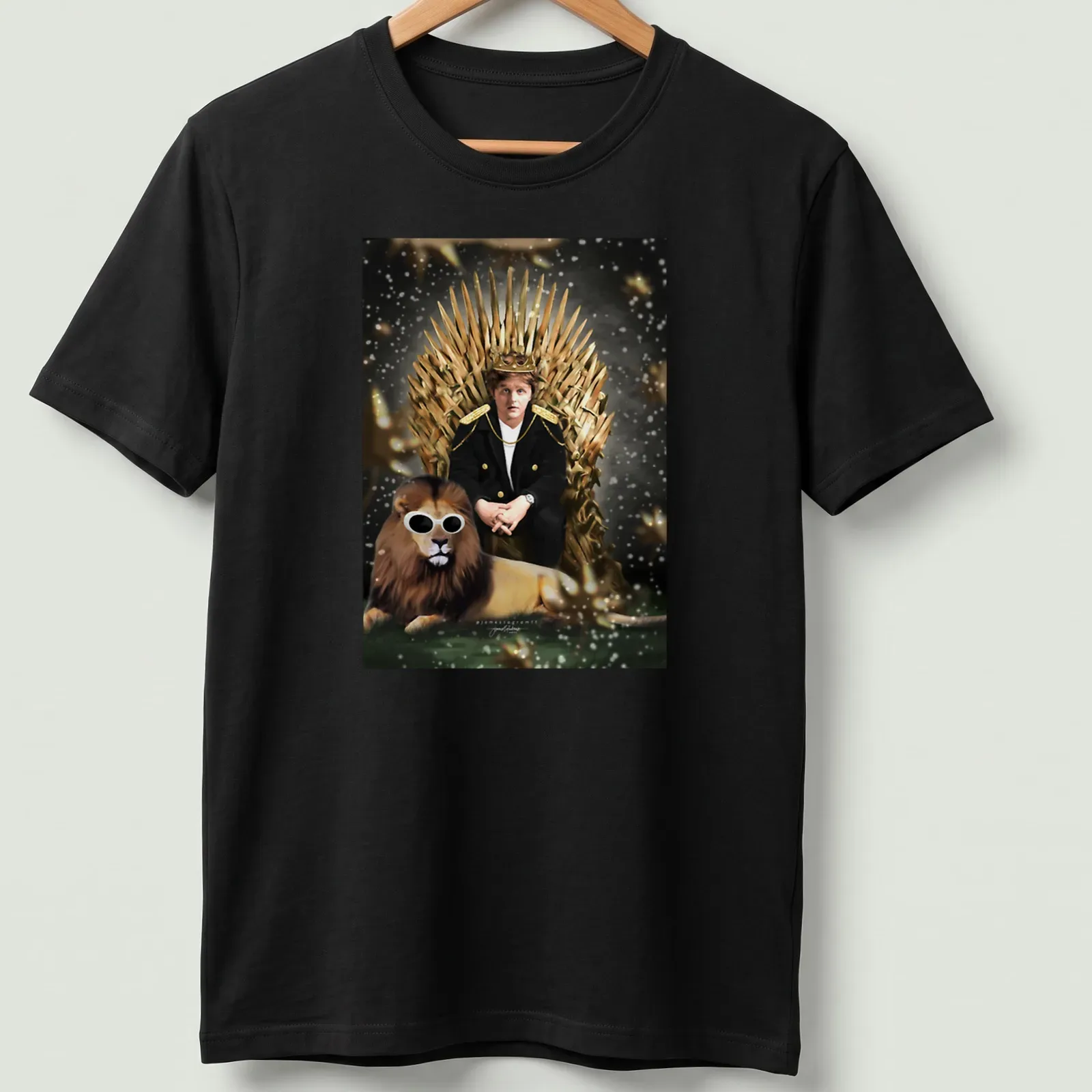 Realistic print of King Lewis Capaldi on a throne with a lion. — printed on a unisex t-shirt