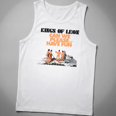 Bold graphic music tee featuring Kings Of Leon in orange, black, and white — printed on a tank top
