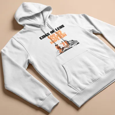 Bold graphic music tee featuring Kings Of Leon in orange, black, and white — printed on a unisex hoodie