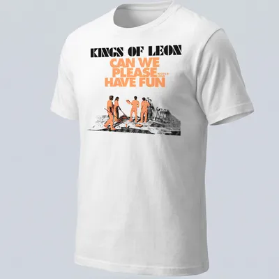 Bold graphic music tee featuring Kings Of Leon in orange, black, and white