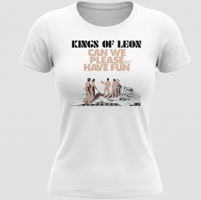 Bold graphic music tee featuring Kings Of Leon in orange, black, and white — printed on a women's shirt