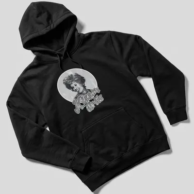 Smiling woman graphic with retro text 'Kiss My Grits' in black, white, and gray. — printed on a unisex hoodie