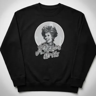 Smiling woman graphic with retro text 'Kiss My Grits' in black, white, and gray. — printed on a unisex sweatshirt