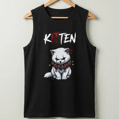 Kawaii cartoon kitten inspired by Pennywise with playful lettering — printed on a tank top