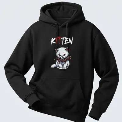 Kawaii cartoon kitten inspired by Pennywise with playful lettering — printed on a unisex hoodie