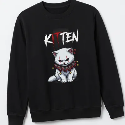 Kawaii cartoon kitten inspired by Pennywise with playful lettering — printed on a unisex sweatshirt