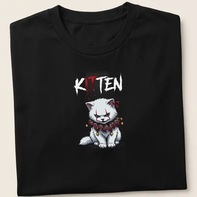 Kawaii cartoon kitten inspired by Pennywise with playful lettering