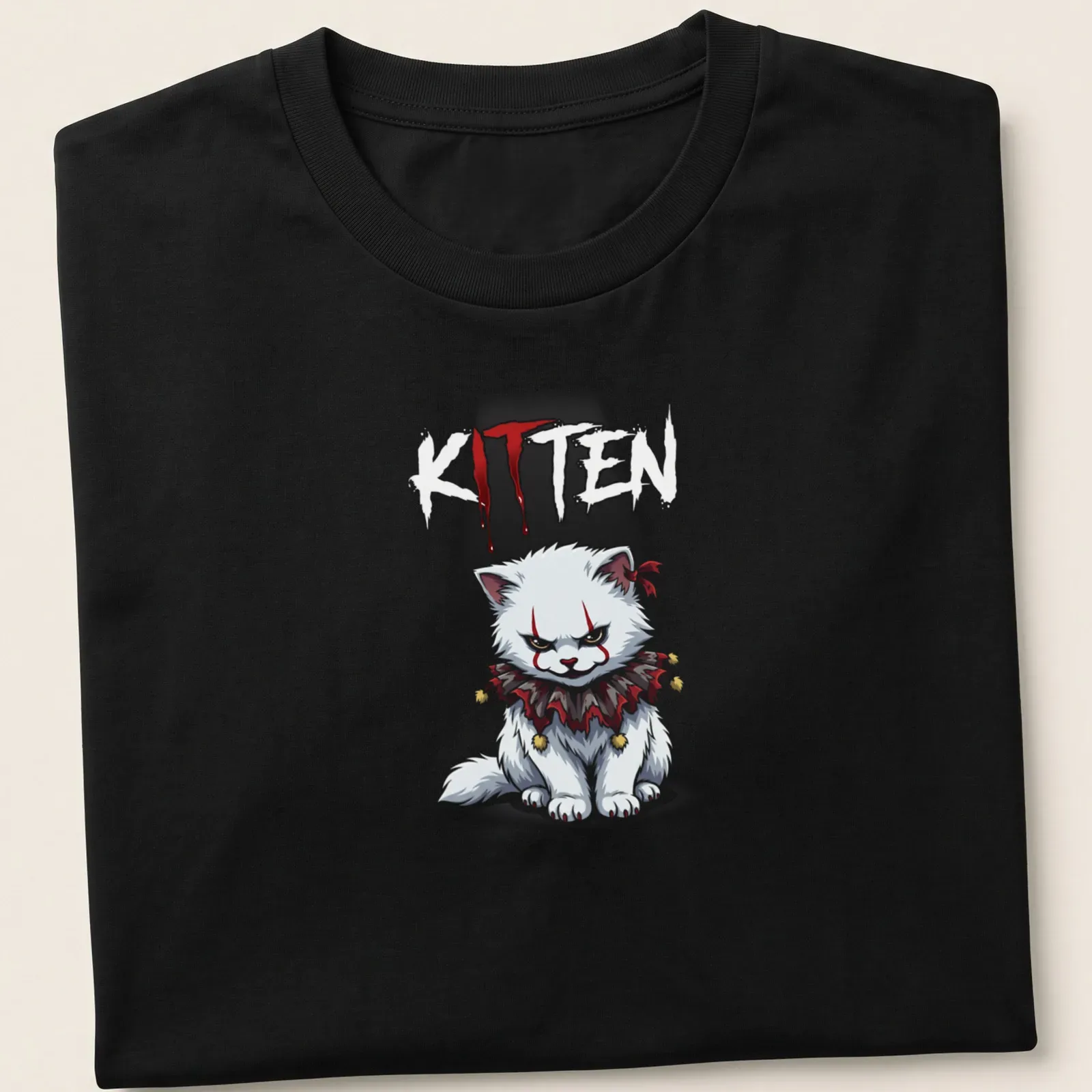 Kawaii cartoon kitten inspired by Pennywise with playful lettering — printed on a unisex t-shirt