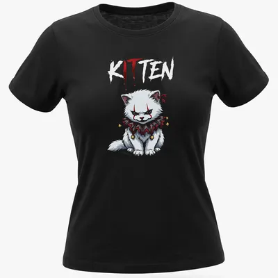 Kawaii cartoon kitten inspired by Pennywise with playful lettering — printed on a women's shirt
