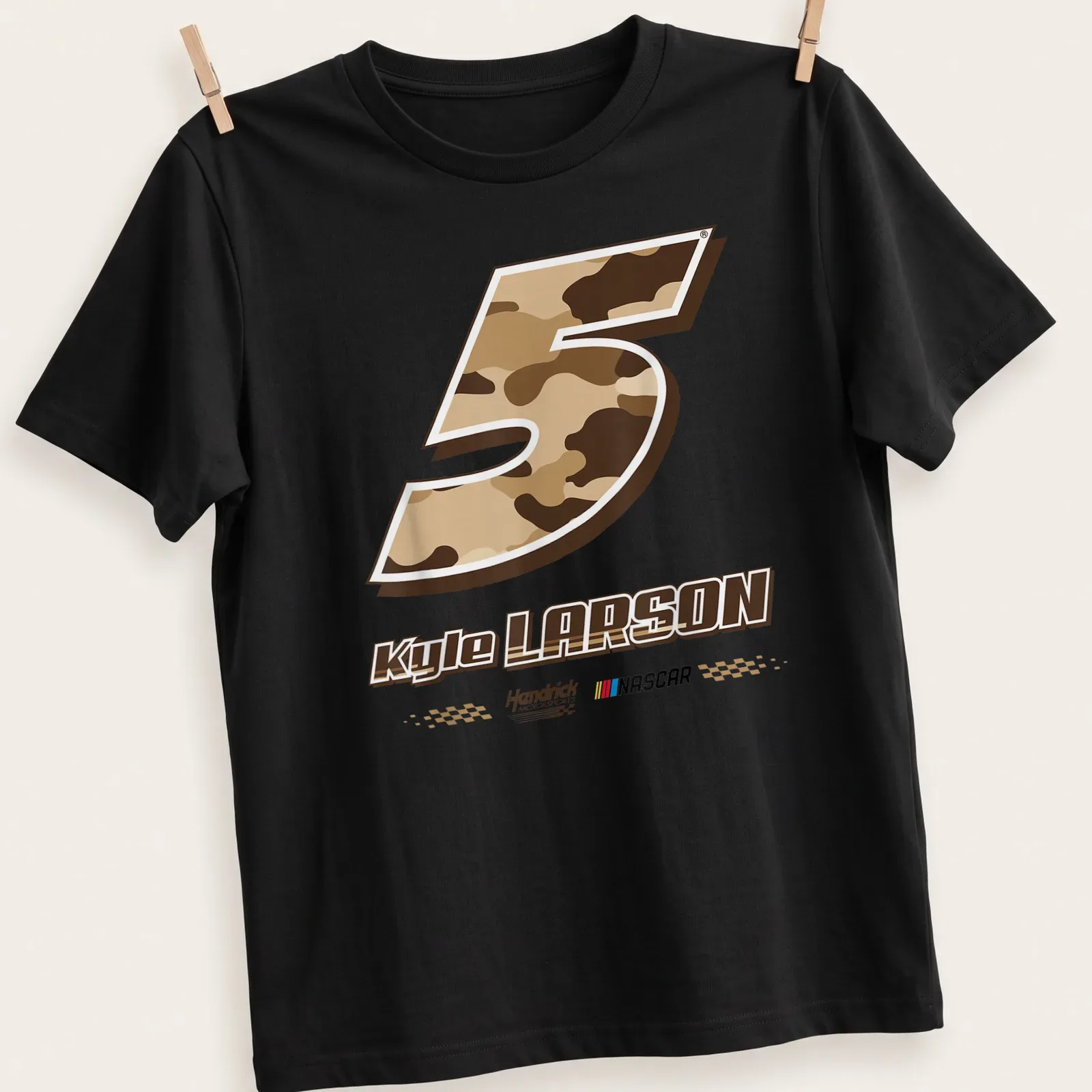Desert camo print t-shirt featuring Kyle Larson's NASCAR No. 5 — printed on a unisex t-shirt