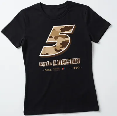 Desert camo print t-shirt featuring Kyle Larson's NASCAR No. 5 — printed on a women's shirt