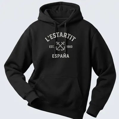 Vintage print featuring crossed anchors and town name on a cream — printed on a unisex hoodie