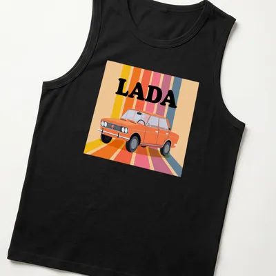 Retro LADA T-shirt featuring an orange car illustration in vibrant colors — printed on a tank top