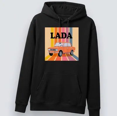 Retro LADA T-shirt featuring an orange car illustration in vibrant colors — printed on a unisex hoodie