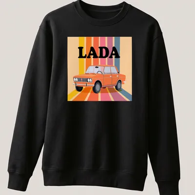 Retro LADA T-shirt featuring an orange car illustration in vibrant colors — printed on a unisex sweatshirt
