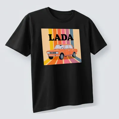 Retro LADA T-shirt featuring an orange car illustration in vibrant colors — printed on a unisex t-shirt (angled view)