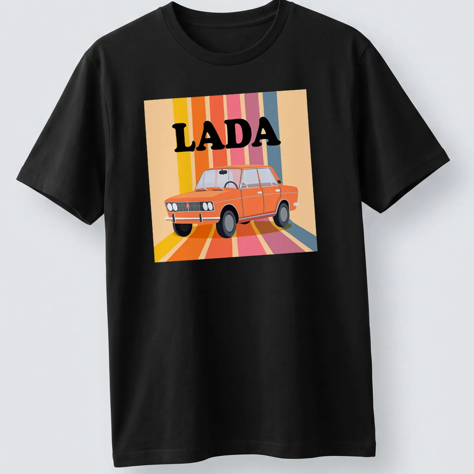 Retro LADA T-shirt featuring an orange car illustration in vibrant colors — printed on a unisex t-shirt
