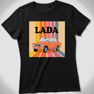 Retro LADA T-shirt featuring an orange car illustration in vibrant colors — printed on a women's shirt