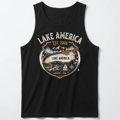 Vintage badge design with Lake America Est. 2026 in orange, black, and white — printed on a tank top