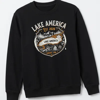 Vintage badge design with Lake America Est. 2026 in orange, black, and white — printed on a unisex sweatshirt