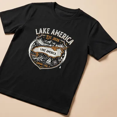Vintage badge design with Lake America Est. 2026 in orange, black, and white