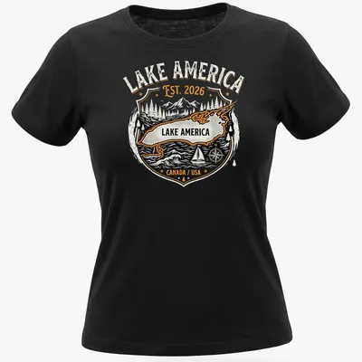 Vintage badge design with Lake America Est. 2026 in orange, black, and white — printed on a women's shirt