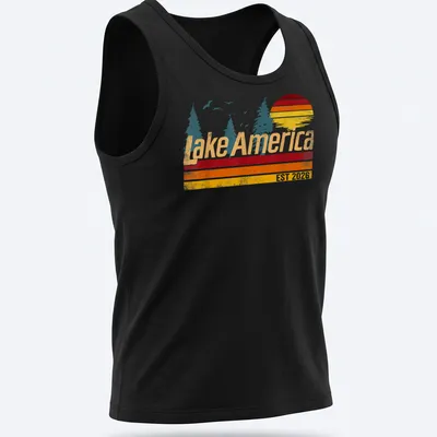 Vintage sunset design with trees and 'Lake America EST 2026' text — printed on a tank top