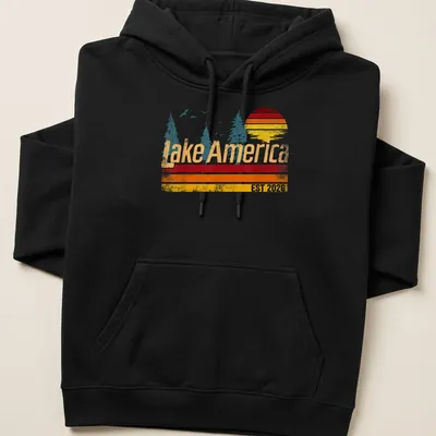 Vintage sunset design with trees and 'Lake America EST 2026' text — printed on a unisex hoodie