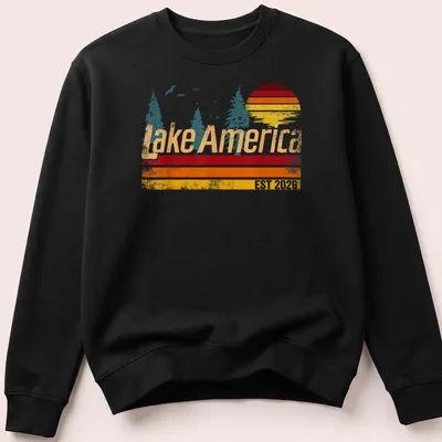 Vintage sunset design with trees and 'Lake America EST 2026' text — printed on a unisex sweatshirt