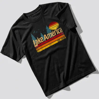 Vintage sunset design with trees and 'Lake America EST 2026' text