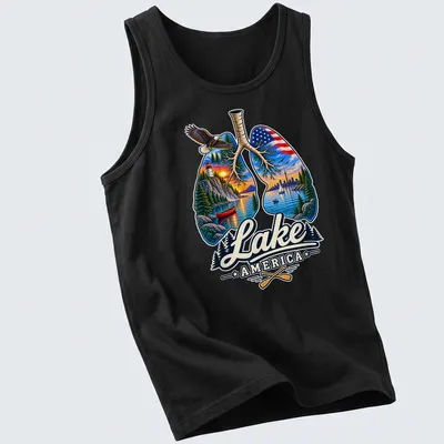 Illustration of lungs filled with scenic landscapes featuring mountains and lakes. — printed on a tank top