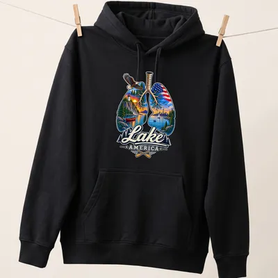 Illustration of lungs filled with scenic landscapes featuring mountains and lakes. — printed on a unisex hoodie