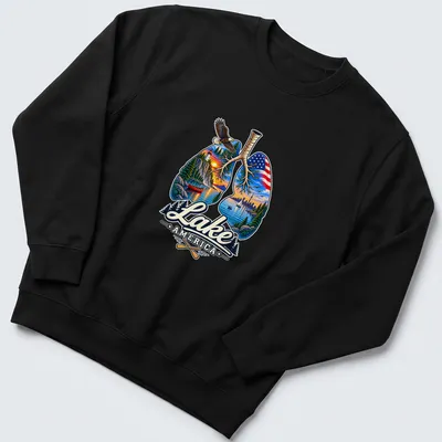 Illustration of lungs filled with scenic landscapes featuring mountains and lakes. — printed on a unisex sweatshirt