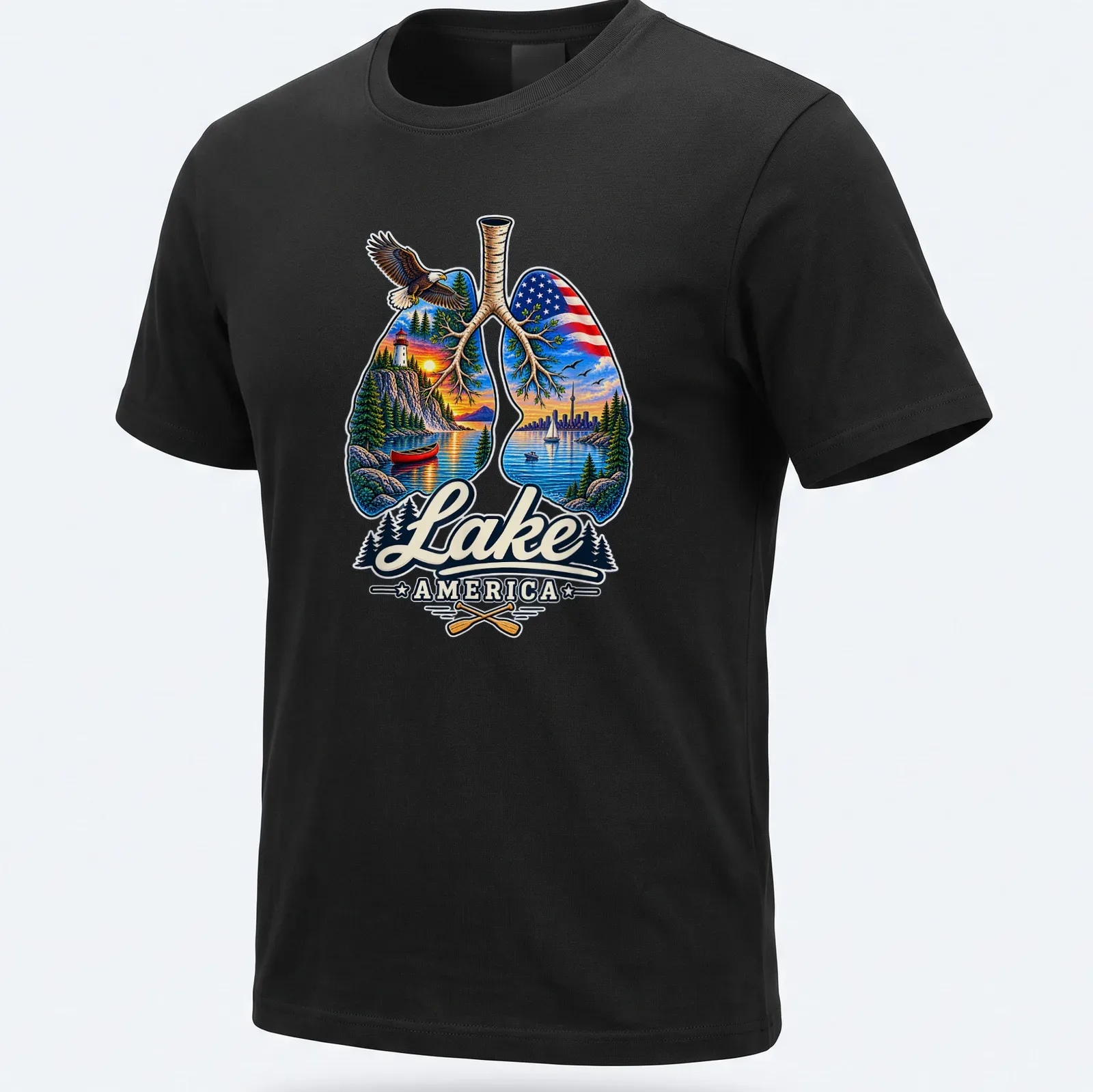 Illustration of lungs filled with scenic landscapes featuring mountains and lakes. — printed on a unisex t-shirt