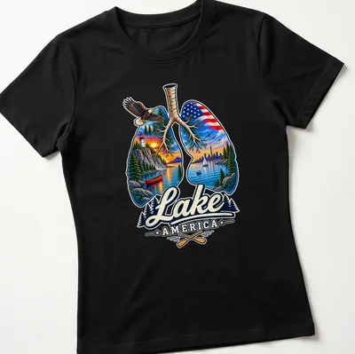 Illustration of lungs filled with scenic landscapes featuring mountains and lakes. — printed on a women's shirt