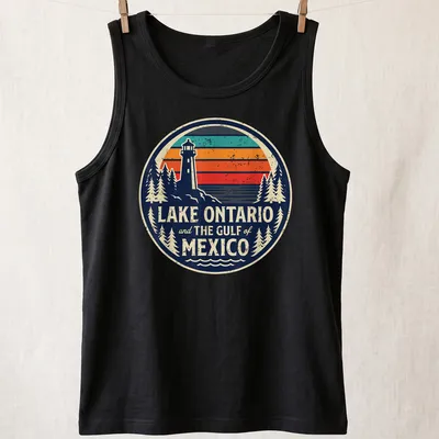 Retro distressed Lake Ontario and Gulf of Mexico T-shirt with lighthouse illustration — printed on a tank top