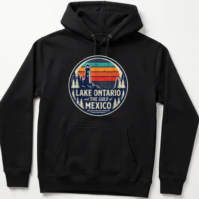 Retro distressed Lake Ontario and Gulf of Mexico T-shirt with lighthouse illustration — printed on a unisex hoodie