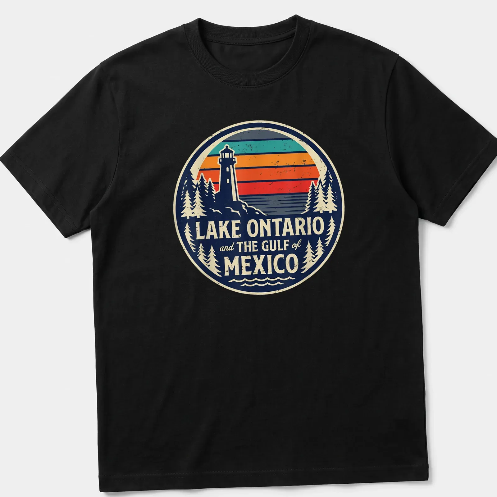 Retro distressed Lake Ontario and Gulf of Mexico T-shirt with lighthouse illustration — printed on a unisex t-shirt