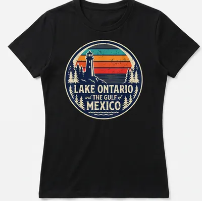 Retro distressed Lake Ontario and Gulf of Mexico T-shirt with lighthouse illustration — printed on a women's shirt
