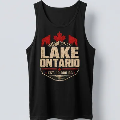 Retro vintage print of Lake Ontario with mountains and Canadian elements — printed on a tank top