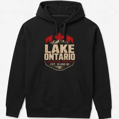 Retro vintage print of Lake Ontario with mountains and Canadian elements — printed on a unisex hoodie