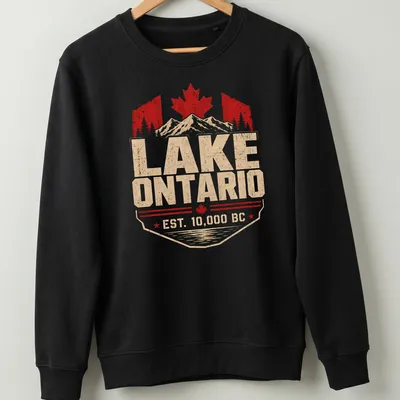 Retro vintage print of Lake Ontario with mountains and Canadian elements — printed on a unisex sweatshirt